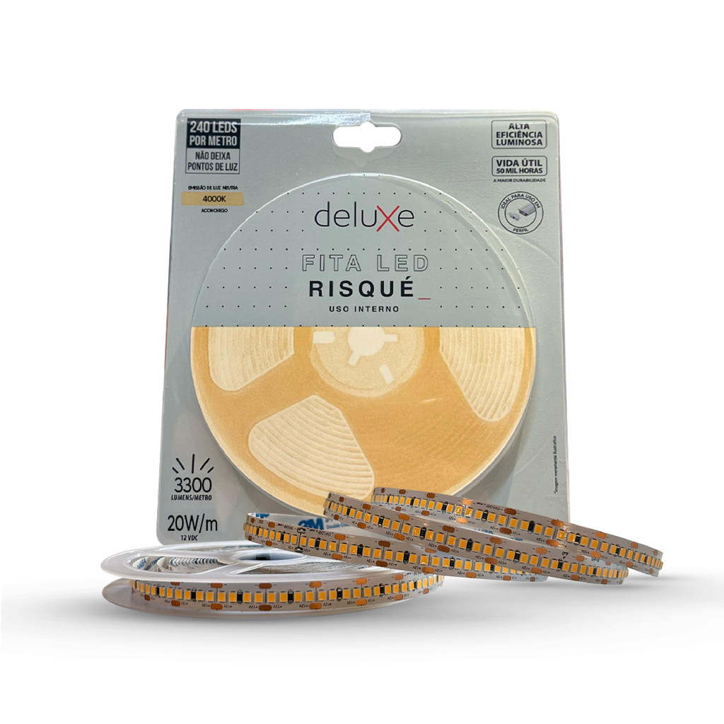 Fita Led Risque Branco Neutro 4000K 5m 12V 20w IP20 Deluxe em Oferta na Shopee