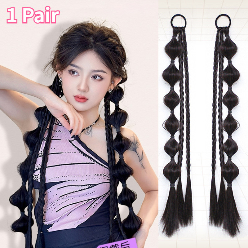 2 Peças Moda Bolha Rabo De Cavalo Peruca Trança Extensão Com Corda De Cabelo Acessórios Para Meninas Legais