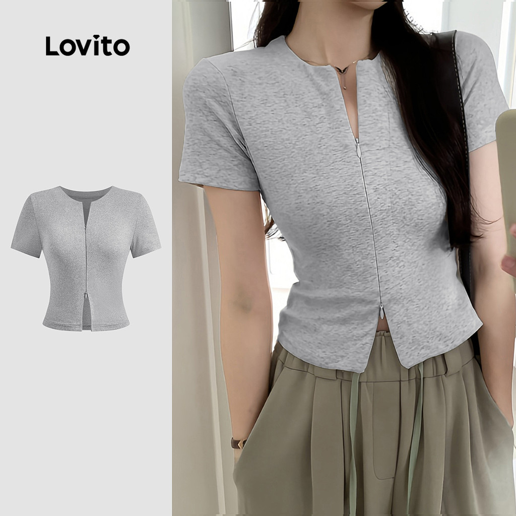 Lovito Camiseta Casual com zíper liso para mulheres L128ED157 - Women Clothes