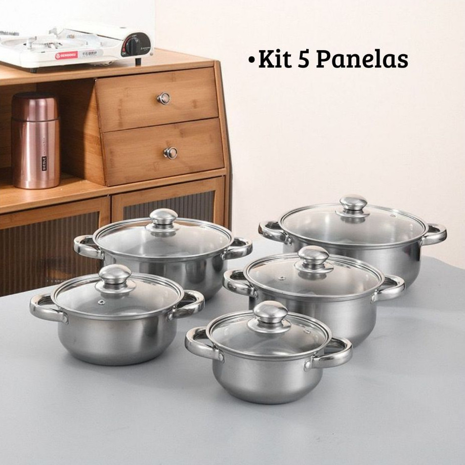 KIT 5 Panelas Aço inox com tampa de vidro temperado cozinha
