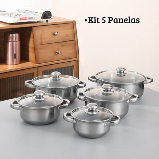 KIT 5 Panelas Aço inox com tampa de vidro temperado cozinha em Oferta na Shopee