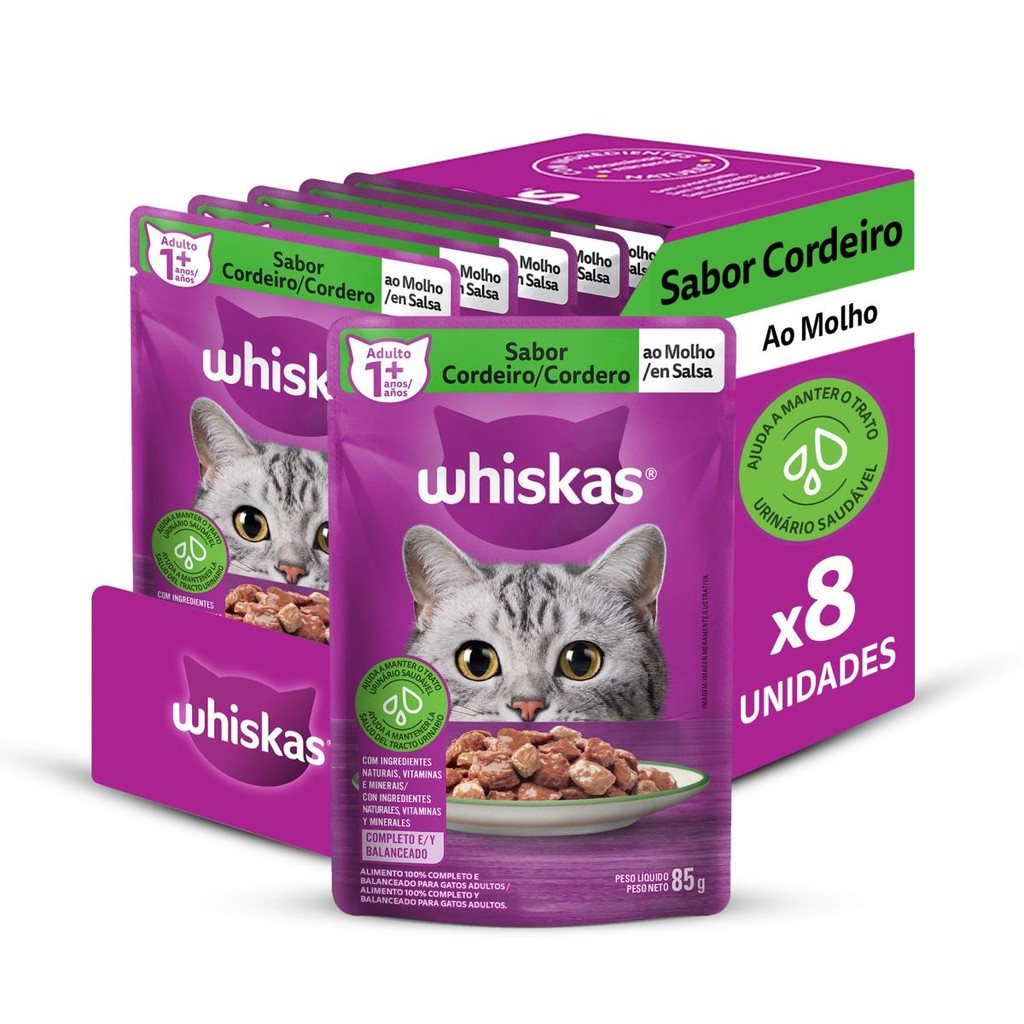Kit 8un Ração Úmida Whiskas Sachê Cordeiro Gato Adulto 85G em Oferta na Shopee