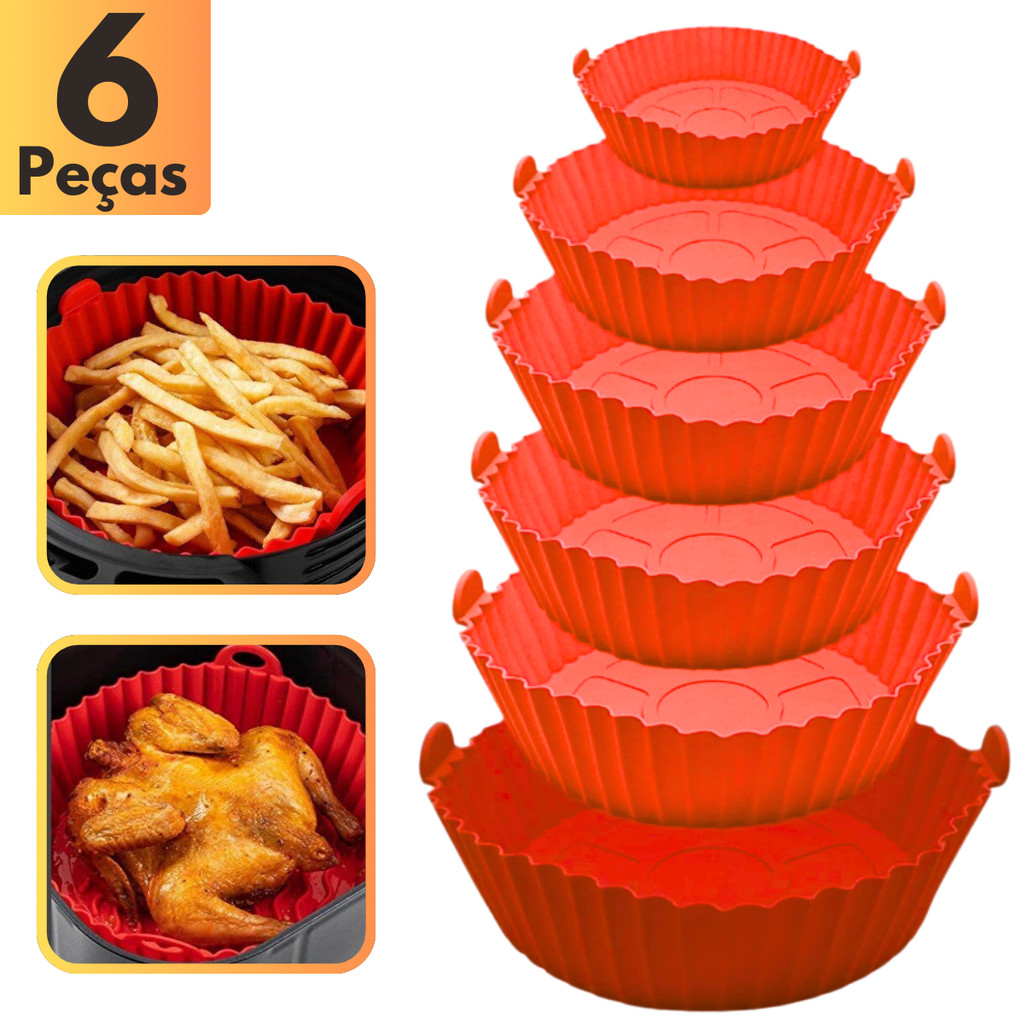 Kit 6 Formas de Silicone Para Fritadeira Air Fryer Antiaderente Cozinha Com Alça Utilidade Domestica