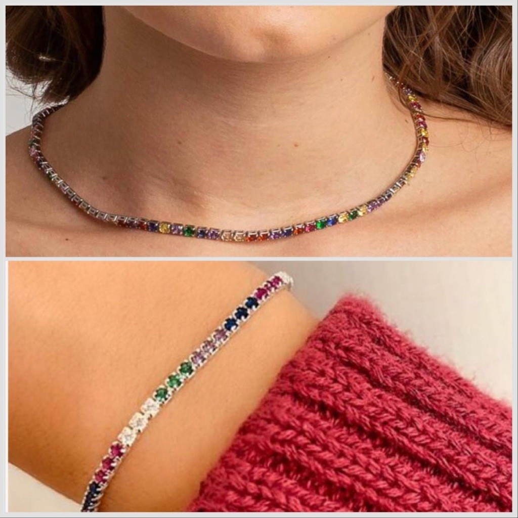 kit colar +pulseira fio de strass folheados a prata 925