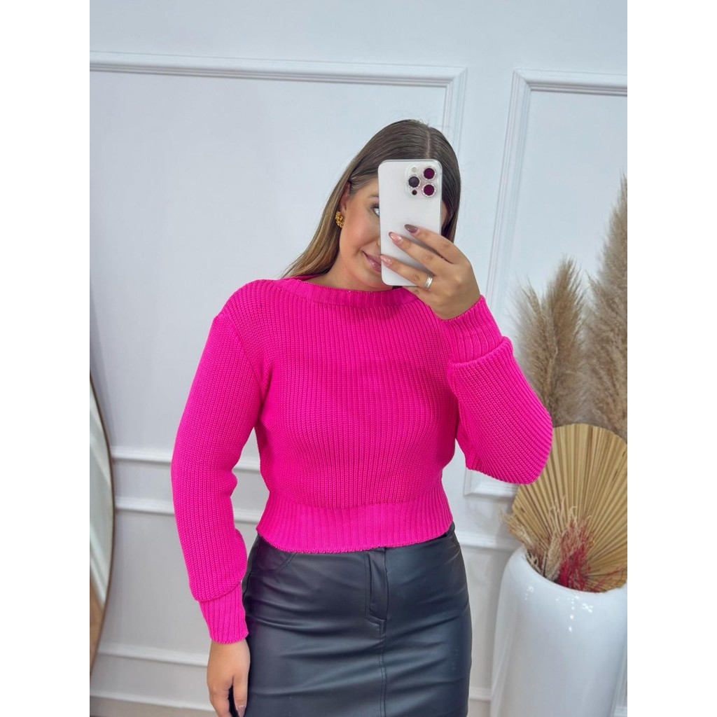 Blusa Cropped Tricot Fang Feminino Manga Longa Decote Redondo Punho Canelado Inverno Tricoliny Modas