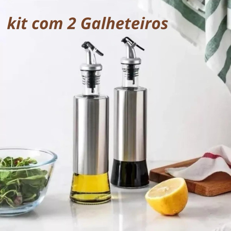 Galheteiro Porta Azeite Vinagre de Vidro Aço Inox Dosador 300ml