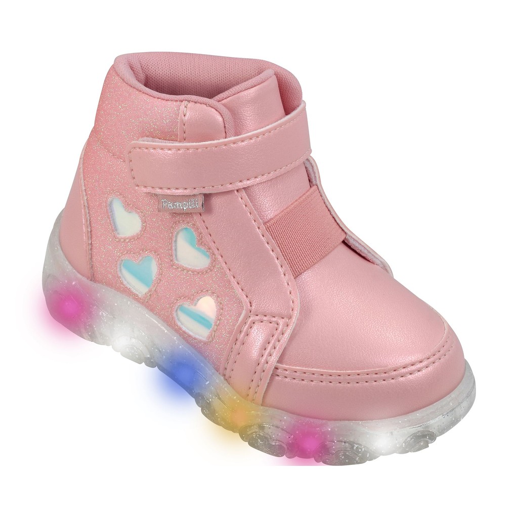 Tênis Infantil Baby Menina Pampili Liz Luz Cano Médio Led Glitter Corações Pêssego