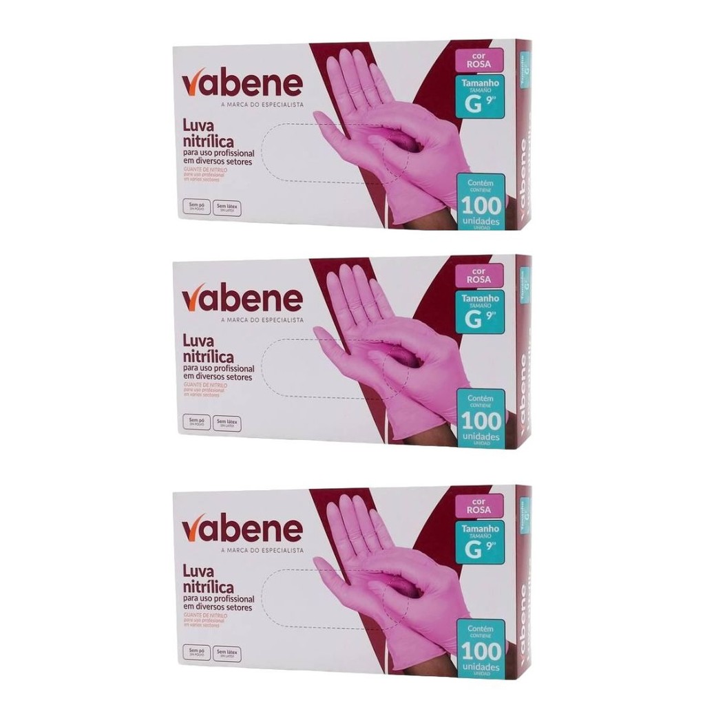 Luva Nitrílica Rosa Sem Pó Vabene Kit com 3 Caixas  – Tamanho PP; P; M; G