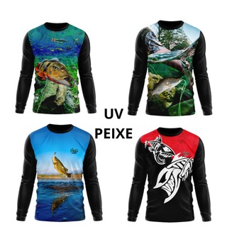 Camisa Camiseta Masculina e Feminina Uv Proteção Solar Estampa Peixe Pescaria