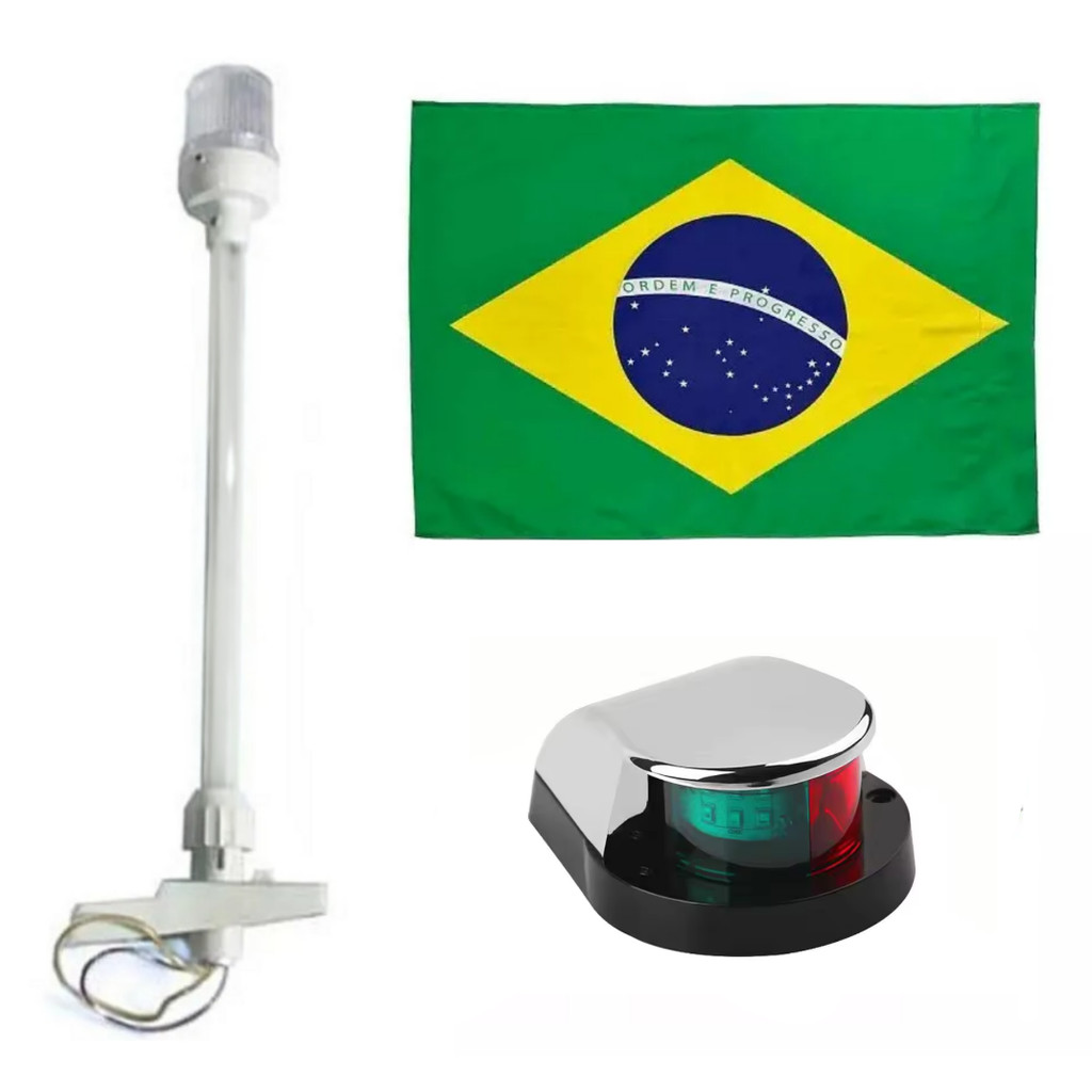 Kit Bombordo e Boreste Bicolor Led em ABS Cromado + Mastro Alcançado Fundeio Branco Led + Bandeira do Brasil - Barco
