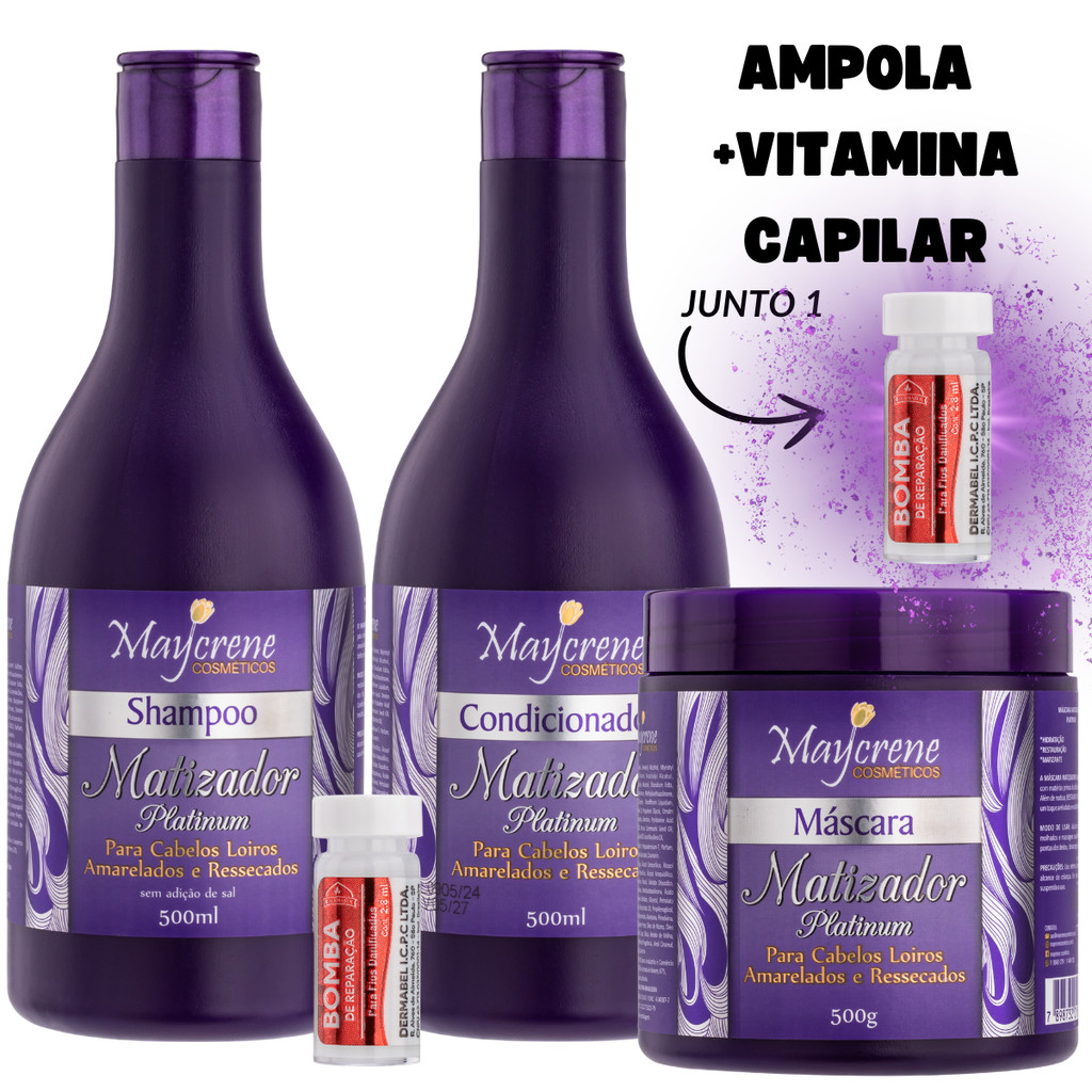 Kit Matizador Platinum Maycrene 3X500ml Elimina os tons Amarelados e Hidrata os Cabelos Ressecados