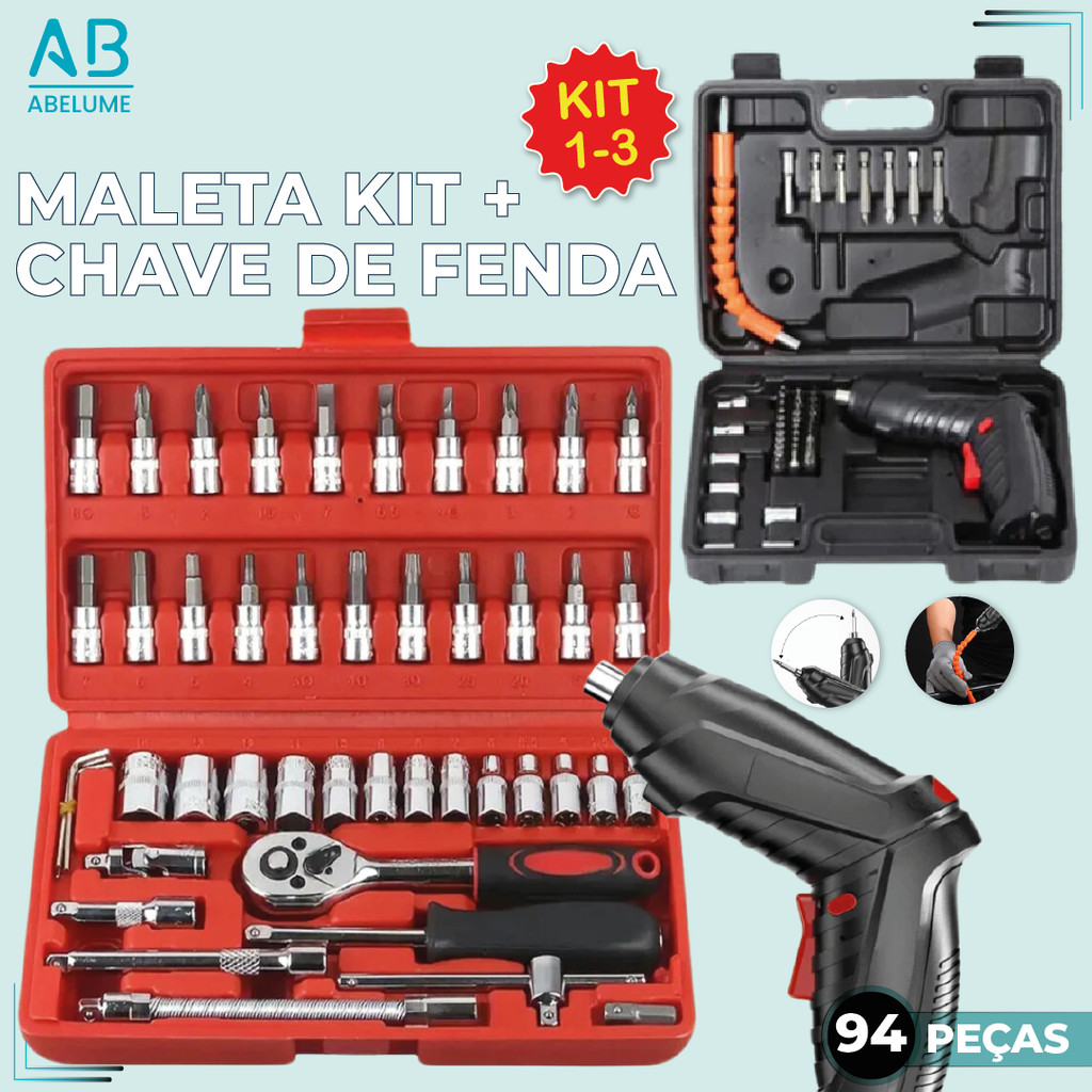 Kit Ferramentas 94 Peças Jogo Soquete com Parafusadeira Furadeira Elétrica com Maleta em Oferta na Shopee