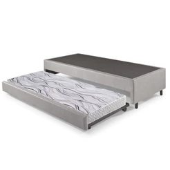 Bicama Box Solteiro Courino Linho Cinza 88x188x28 cm com Colchão Auxiliar Ecoflex