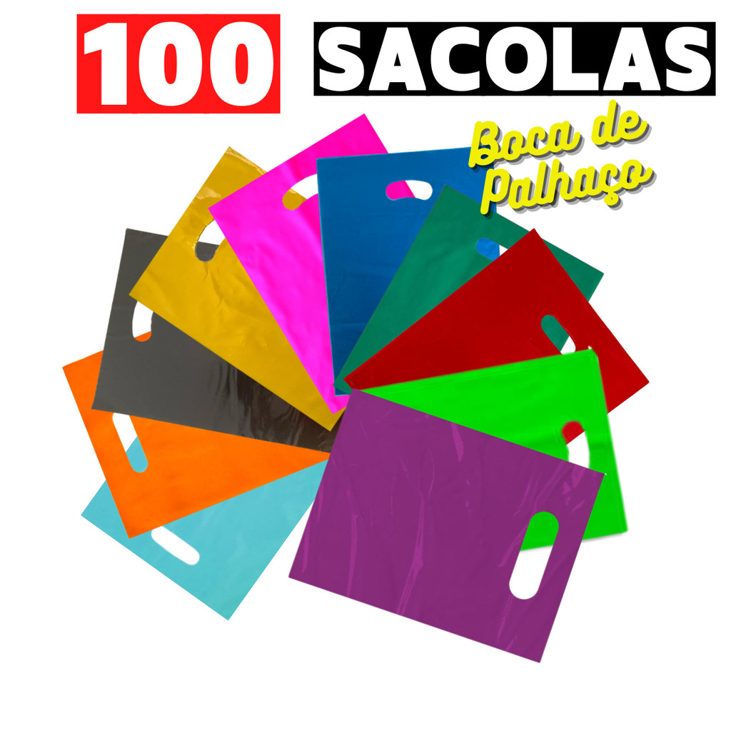 100 Sacolas Boca de Palhaço 15x20, 20x30, 25x35, 30x40 e 40x50 Sacolinhas Alça Vazada Várias Cores Para Lojas