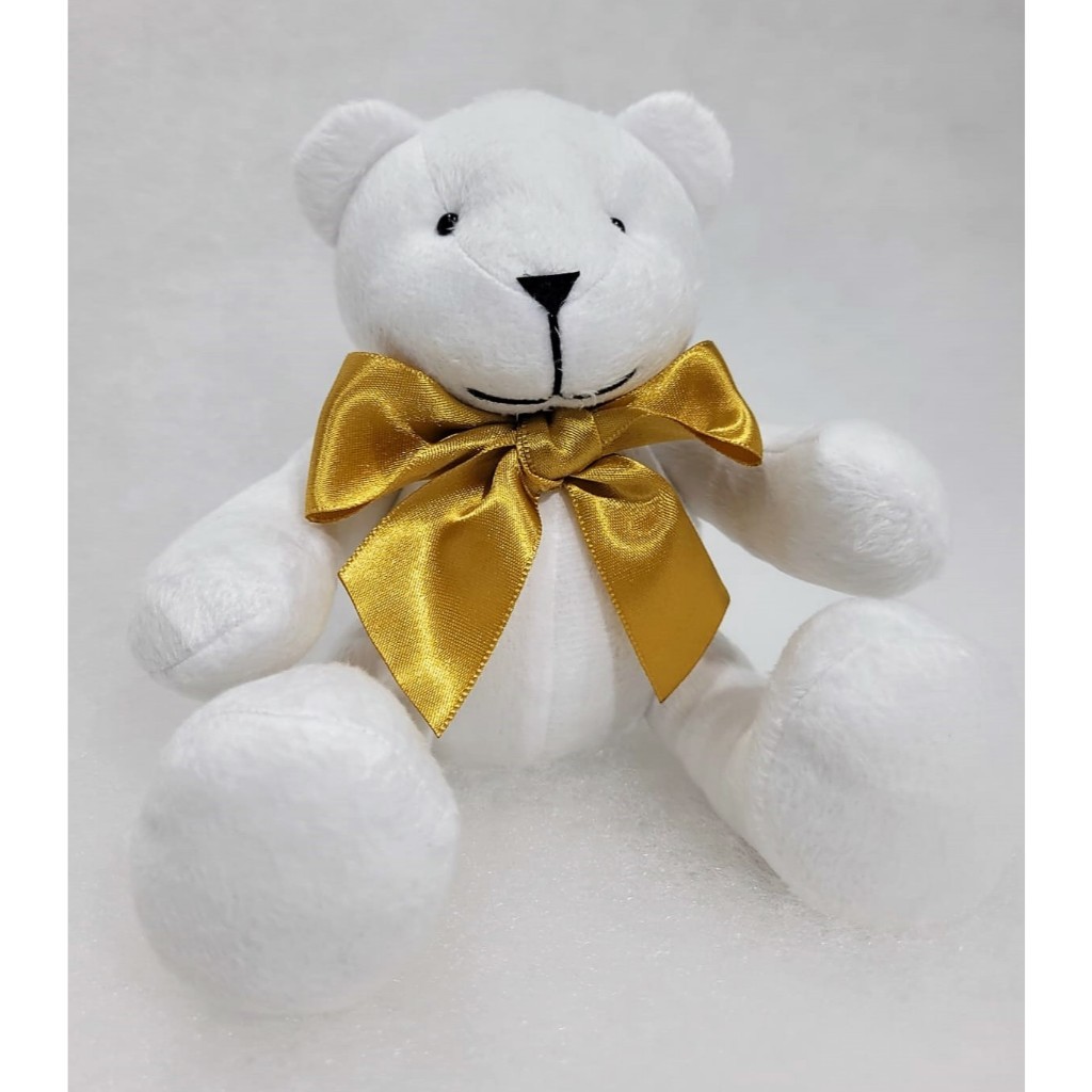 Ursinho de pelúcia Articulado Laço Antialérgico Decoração 20cm - Velboa Branco - URSO P