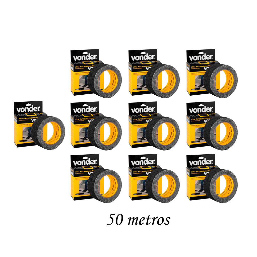 Kit 10 Fitas Antiderrapante 50 metros x 5cm Preta Area Interna Rampa Degrau Piso Escada VONDER