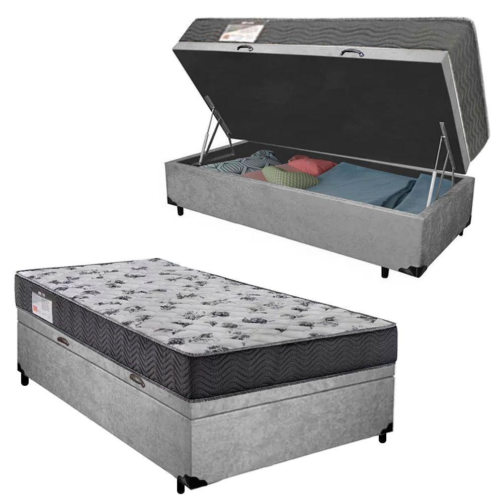 Cama Box Baú Solteiro Suede + Colchão De Espuma D33 - Serene - 88cm Cinza