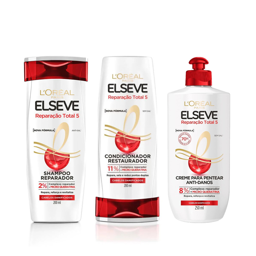 KIT ELSEVE REPARAÇÃO TOTAL 5 - SHAMPOO + COND + CREME P/ PENTEAR - 3 Itens - Beauty