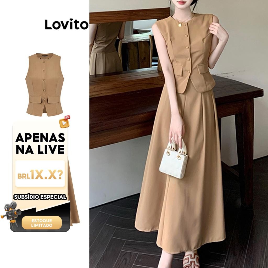 (LIVE STREAM SALE) Lovito Top ou inferior feminino Casual liso com botão plissado L74ED289 em Oferta na Shopee