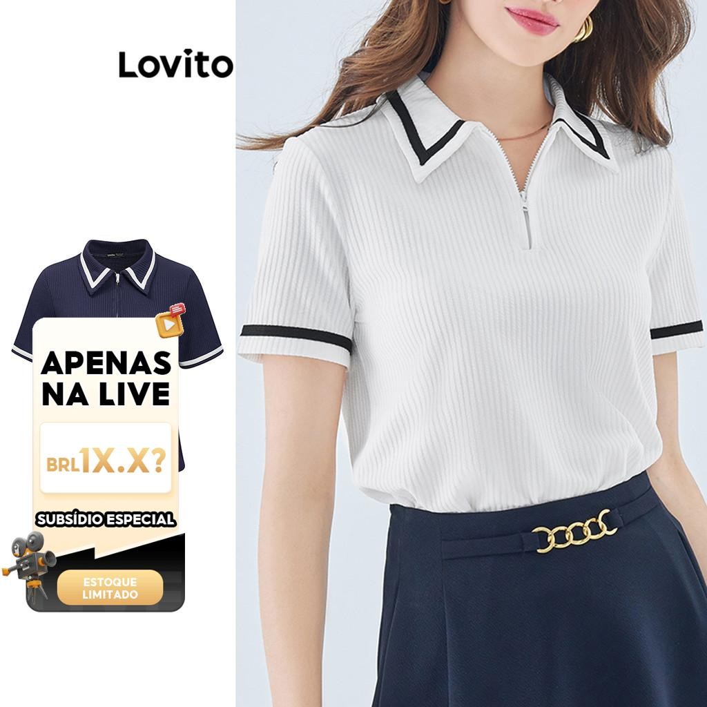 (LIVE STREAM SALE) Lovito Camisetas de Mangas Curtas Elegantes com Contraste de Gola Redonda para Mulheres L49ED029 em Oferta na Shopee