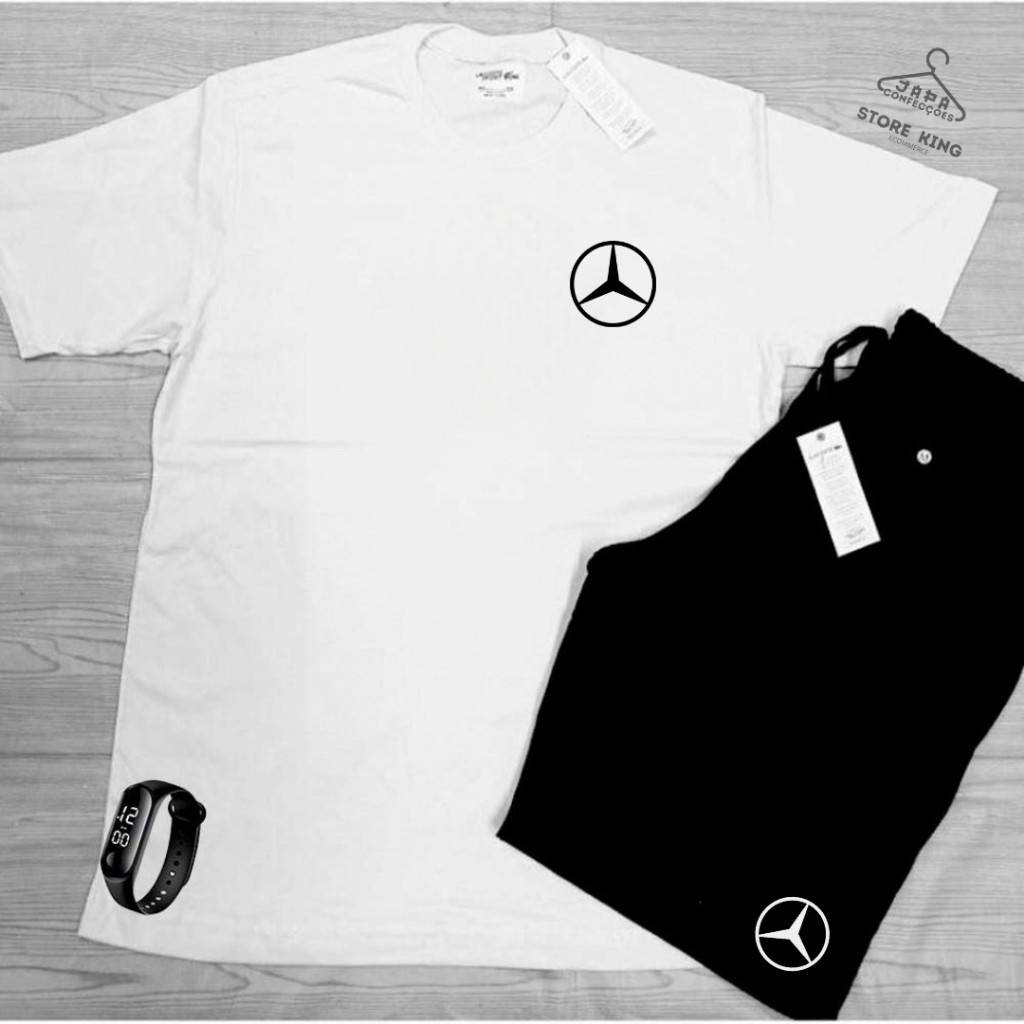 Conjunto Kit camiseta 100% algodão 30,1 bermuda leve para caminhada e academia MERCEDEZ + RELOGIO DIGITAL em Oferta na Shopee