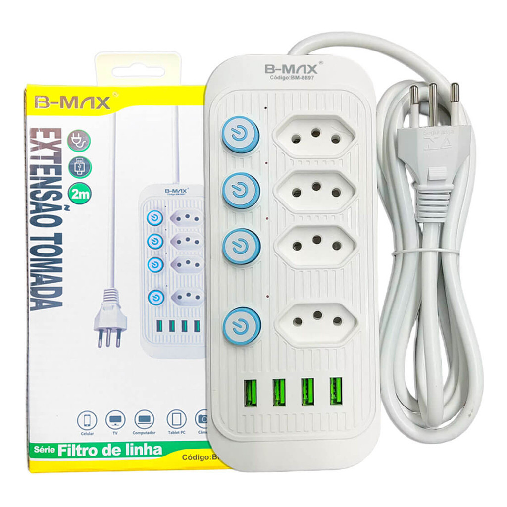 Extensão 4 Tomadas E 4 Usb 4 Pd Led Bivolt Power 110v/220v