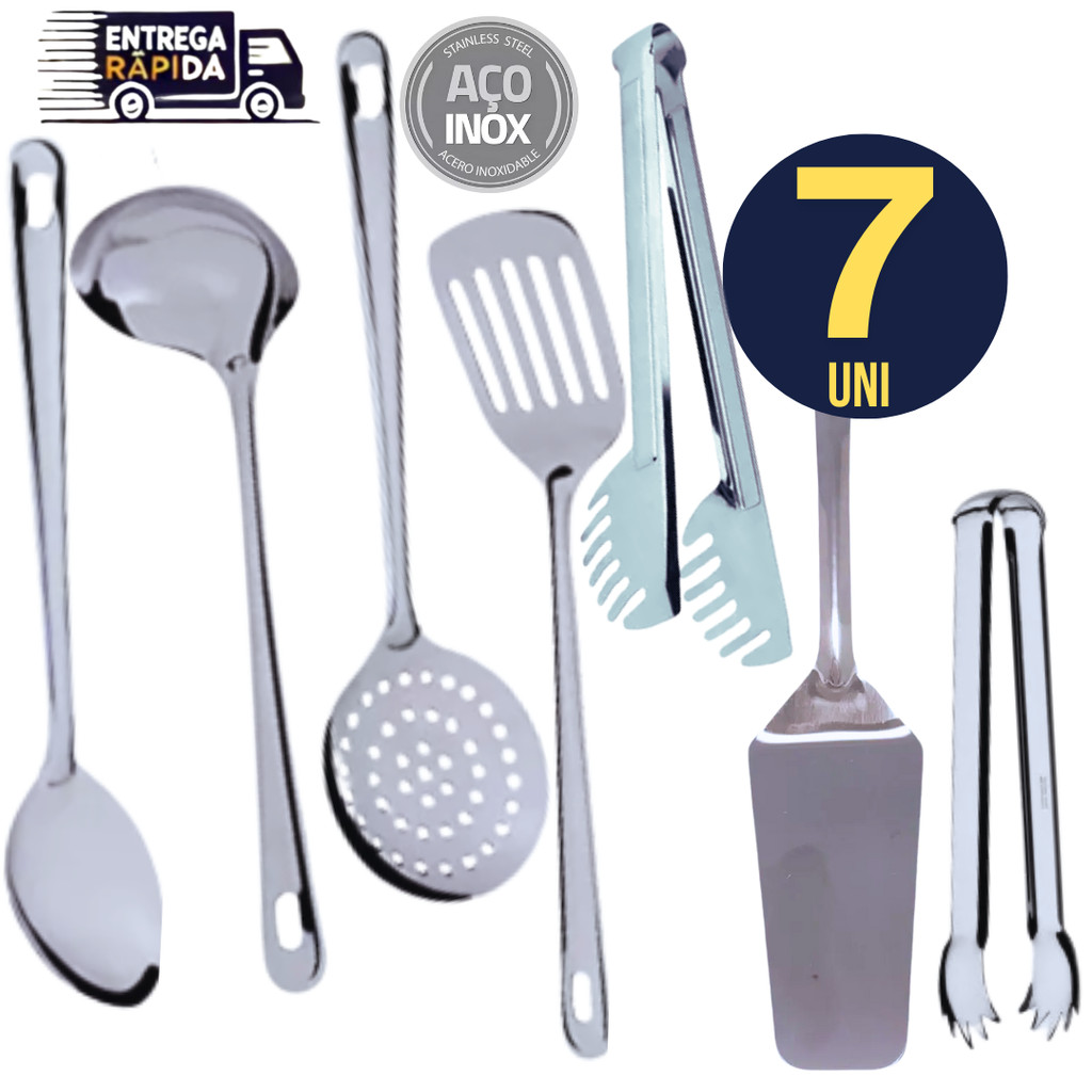 Combo 7 Utensílios em Inox Concha Espátula Escumadeira Colher Arroz Espatula Vazada Pegador Massa e Pegador Carne
