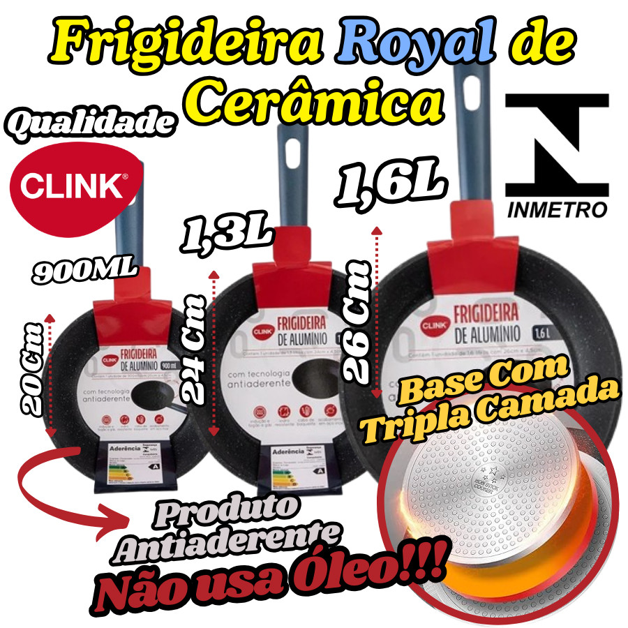 Frigideira Royal De Cerâmica 1,6L 1,3L Ou 900ML Inmetro Antiaderente Base Com Camada Tripla Clink em Oferta na Shopee