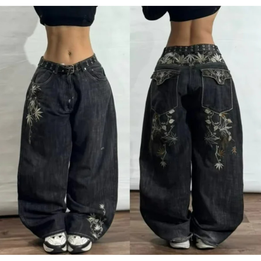 Y2K Moda Nova Feminina Carta Impressão Baggy Jeans Streetwear Vintage Popular Casual Cintura Alta Calças Largas Perna em Oferta na Shopee