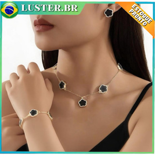 Conjunto De Joias 3 em 1: Preto Colar Brincos Pulseira-Com Quatro Folhas Pingente De Liga Feminina Para Casa em Oferta na Shopee