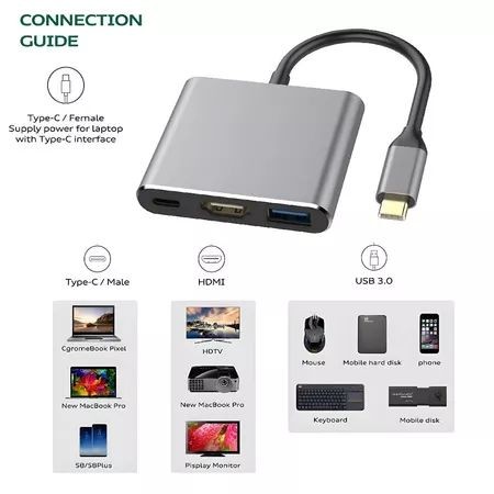⚡Hub USB-C 3 em 1 Thunderbolt 3 4K HDMI + USB 3.0 + PD 60W 🔥 Portátil e Rápido p/ Notebook MacBook