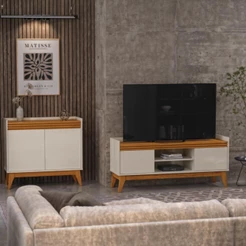 Conjunto Sala de Estar Buffet 2 Portas e Rack para Tv até 50 Polegadas Ripado - ViaNossa