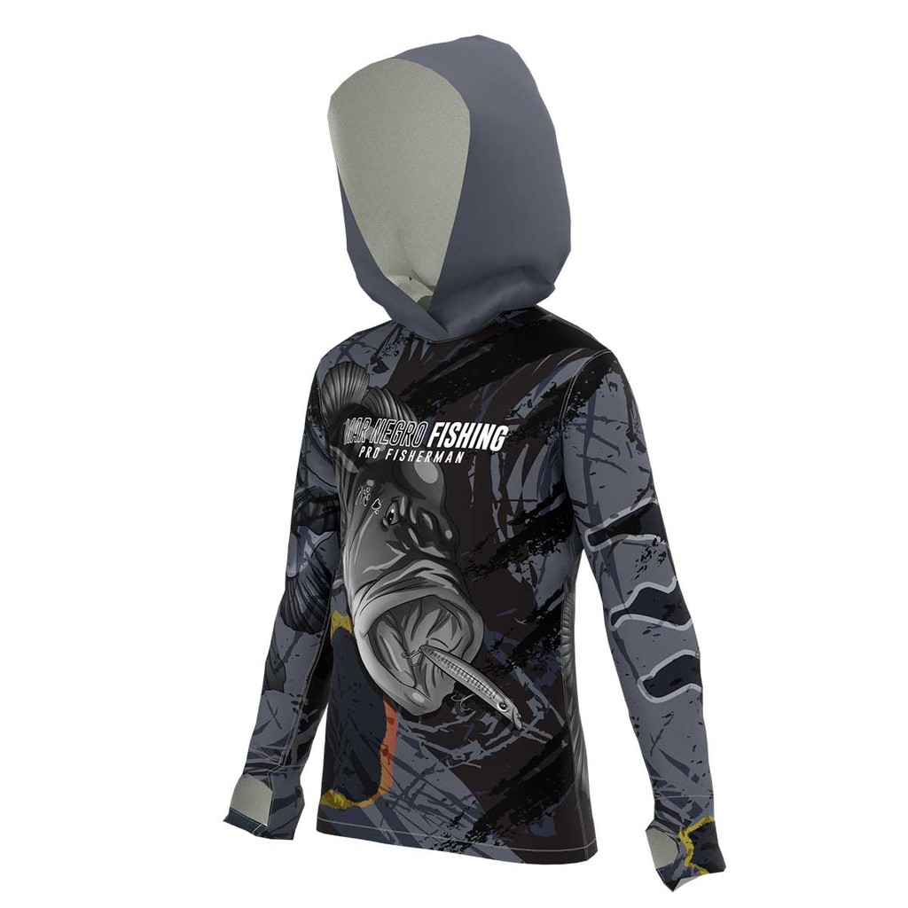 Camisa de Pesca Infantil UV50+ Tucunare Capuz Proteção Mar Negro