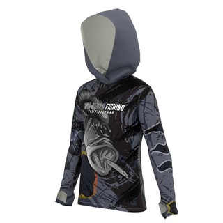 Camisa de Pesca Infantil UV50+ Tucunare Capuz Proteção Mar Negro