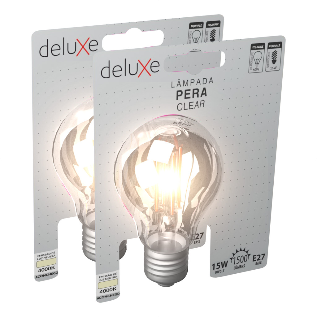 Kit 2 Lampada Led Pera Filamento Clear 15W 4000k E27 Deluxe