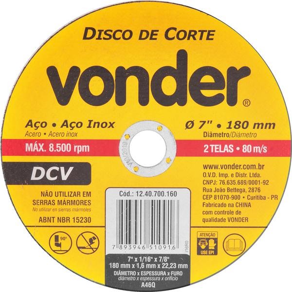 Disco de corte 180,0x1,6x22,23 p/ aço carbono e inox Vonder em Oferta na Shopee