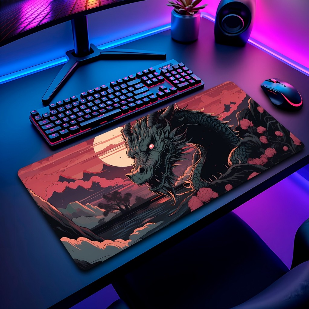 Mouse Pad Dragao Japones Gamer Antiderrapante Grande Diversas Estampas Personalizado 70x35cm borda costurada