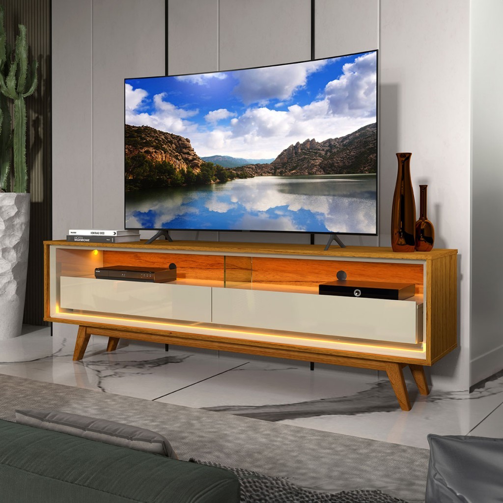 Rack para TV Até 75 Polegadas 2 Gavetas 100% Mdf com Led Naturale/Off White - Gelius em Oferta na Shopee