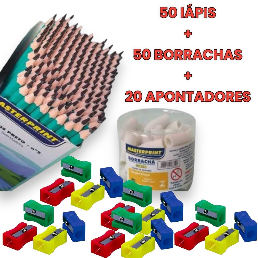 Kit 50 lápis de Escrever Preto + 50 Borracha Escolar Ponteira + 20 Apontador em Oferta na Shopee