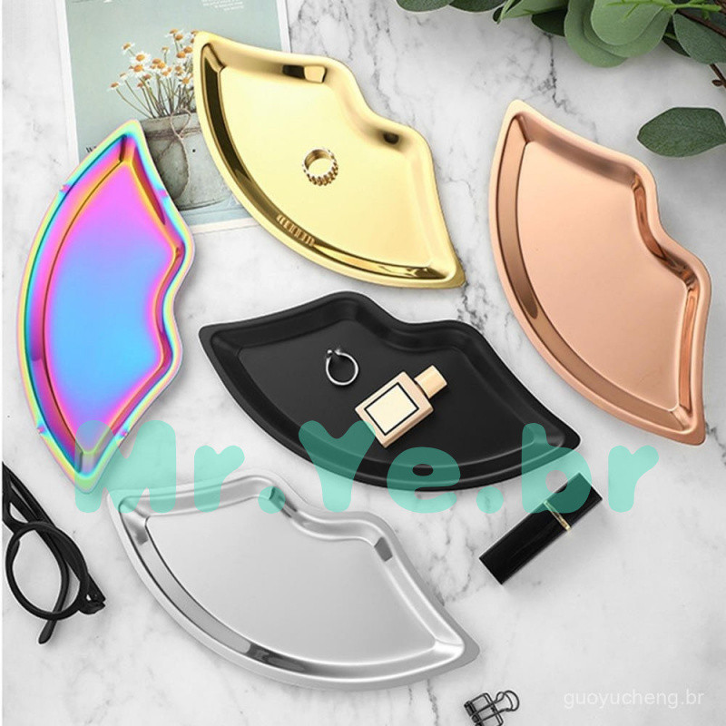 Bandeja Organizadora de Joias em Forma de Lábio de Aço Inoxidável Decoração de Mesa para Cosméticos