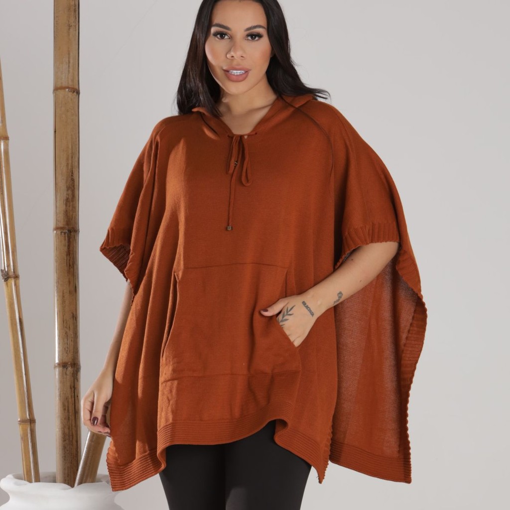 Roupa Feminina Inverno Ponche Kimono Tricô Touca