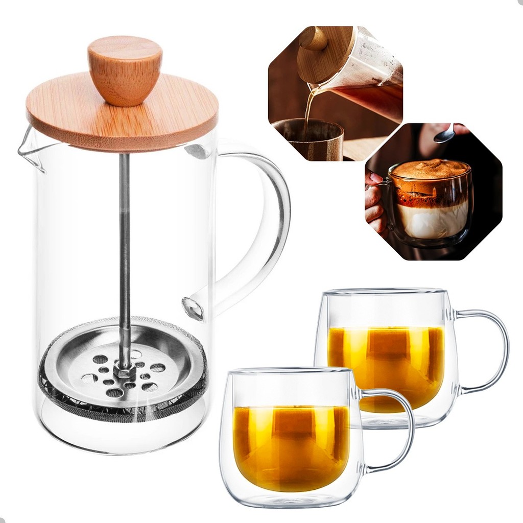 CAFETEIRA PRENSA FRANCESA 350ML TAMPA BAMBÚ+ 2 XICARA P.DUPLA 80ML