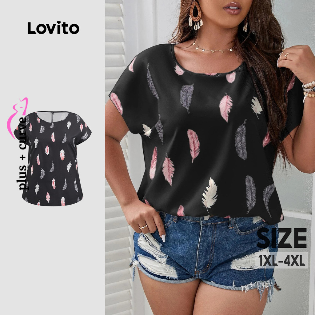 Lovito Blusa Plus Size curva Casual com estampa de penas para mulheres LBL23512 - Women Clothes