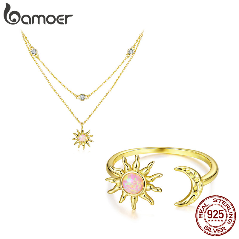 Bamoer 925 Prata Esterlina Anel Ajustável Opala Lua Sol Design Jóias Presente Feminino