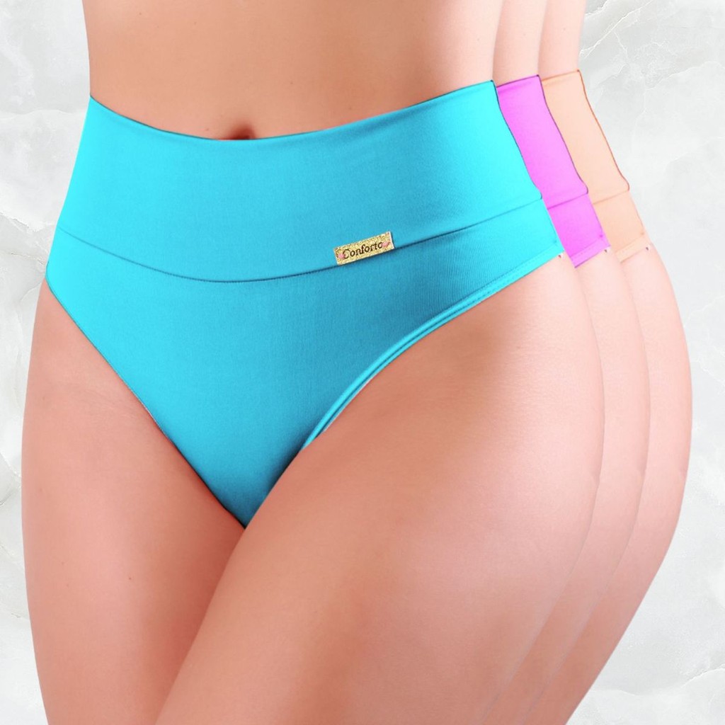 Kit Calcinhas Cós Alto e Duplo Lisas - Fernanda em Oferta na Shopee