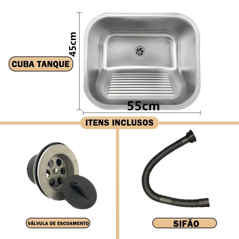 Tanque Lavanderia 55 X 45 Com Válvula Aço Inox