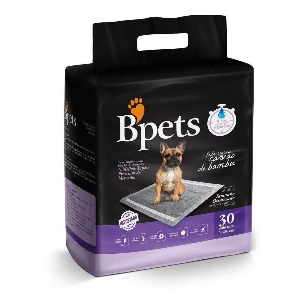 Tapete Higiênico Pet Bpets Carvão De Bambu 60x80cm 30 Unid