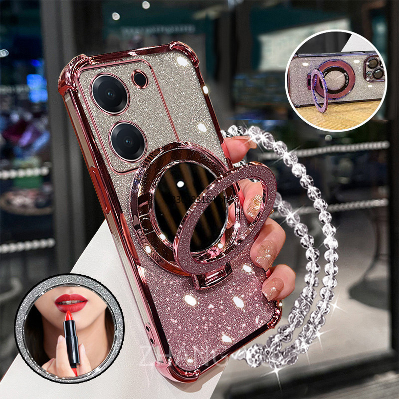 Capa Para Redmi 13c 4g De Telefone À Prova De Choque 3D Suporte De Espelho De Maquiagem Nova Pulseira Macia Usando Uma