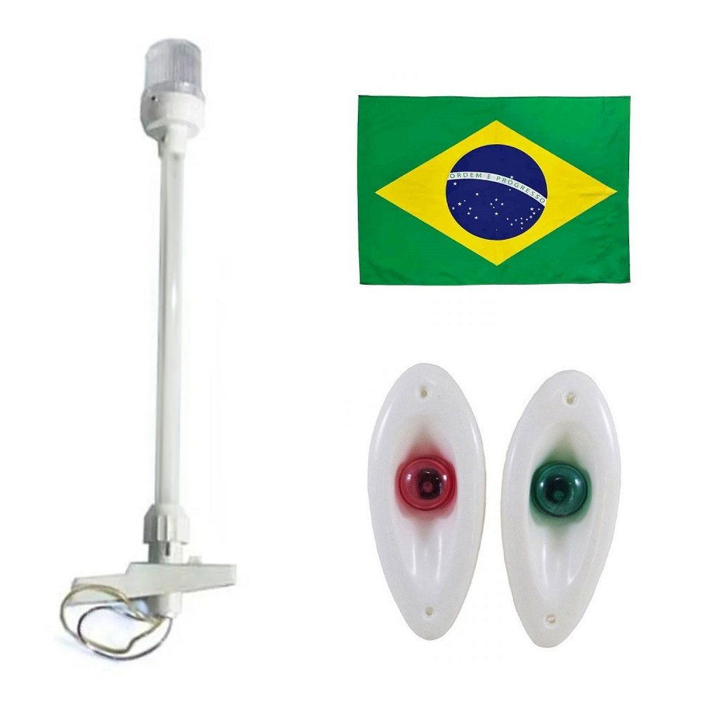 Kit Olho Tubarão Led em ABS Branco + Mastro Estrobo Led Alcançado Fundeio Retrátil Branco + Bandeira do Brasil - Barco