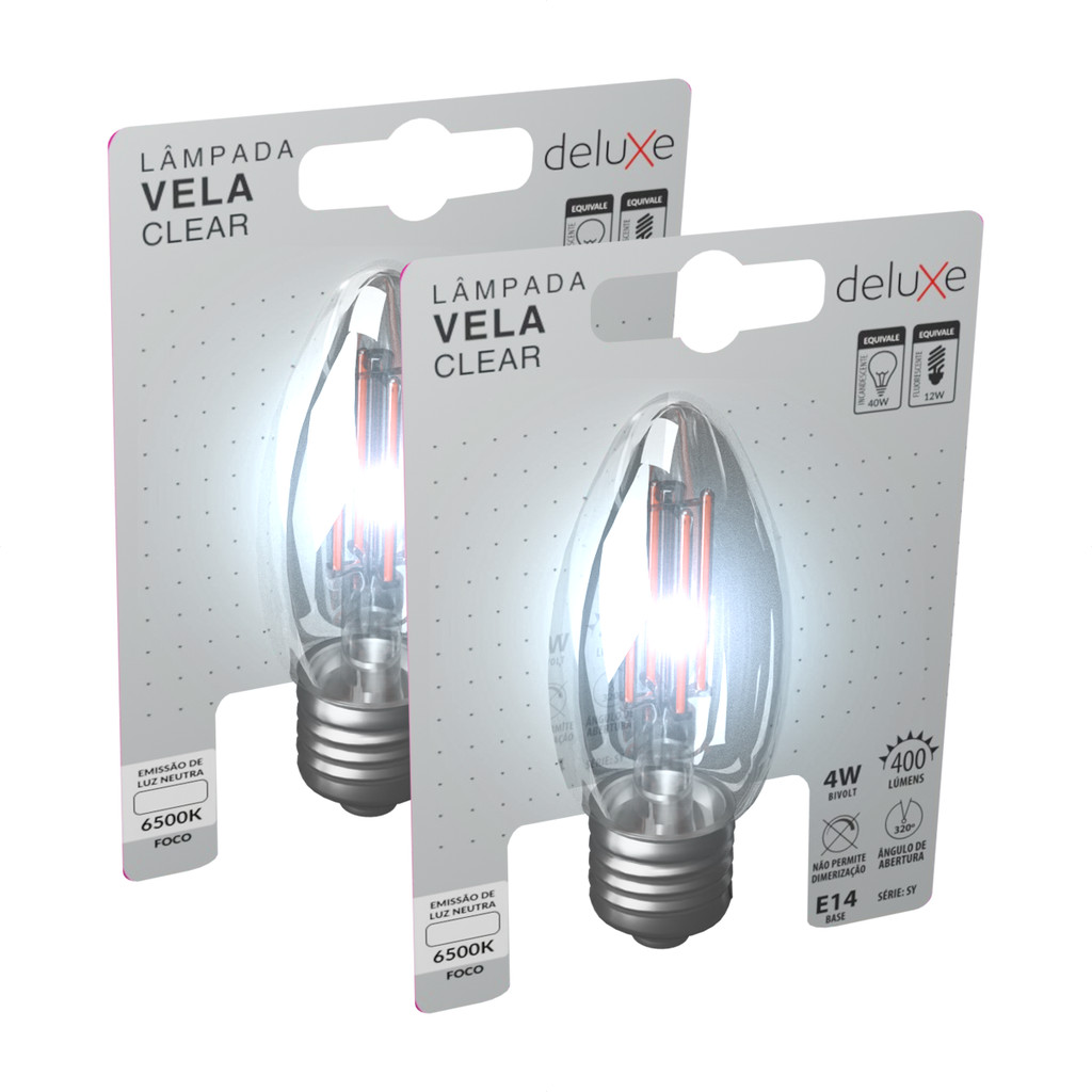 Kit 2 Lampadas Led Vela Filamento Clear 4w 6500k Branco Frio E14 110v/220v Cod: 351091379-2 Deluxe By Avant - Home & Living
